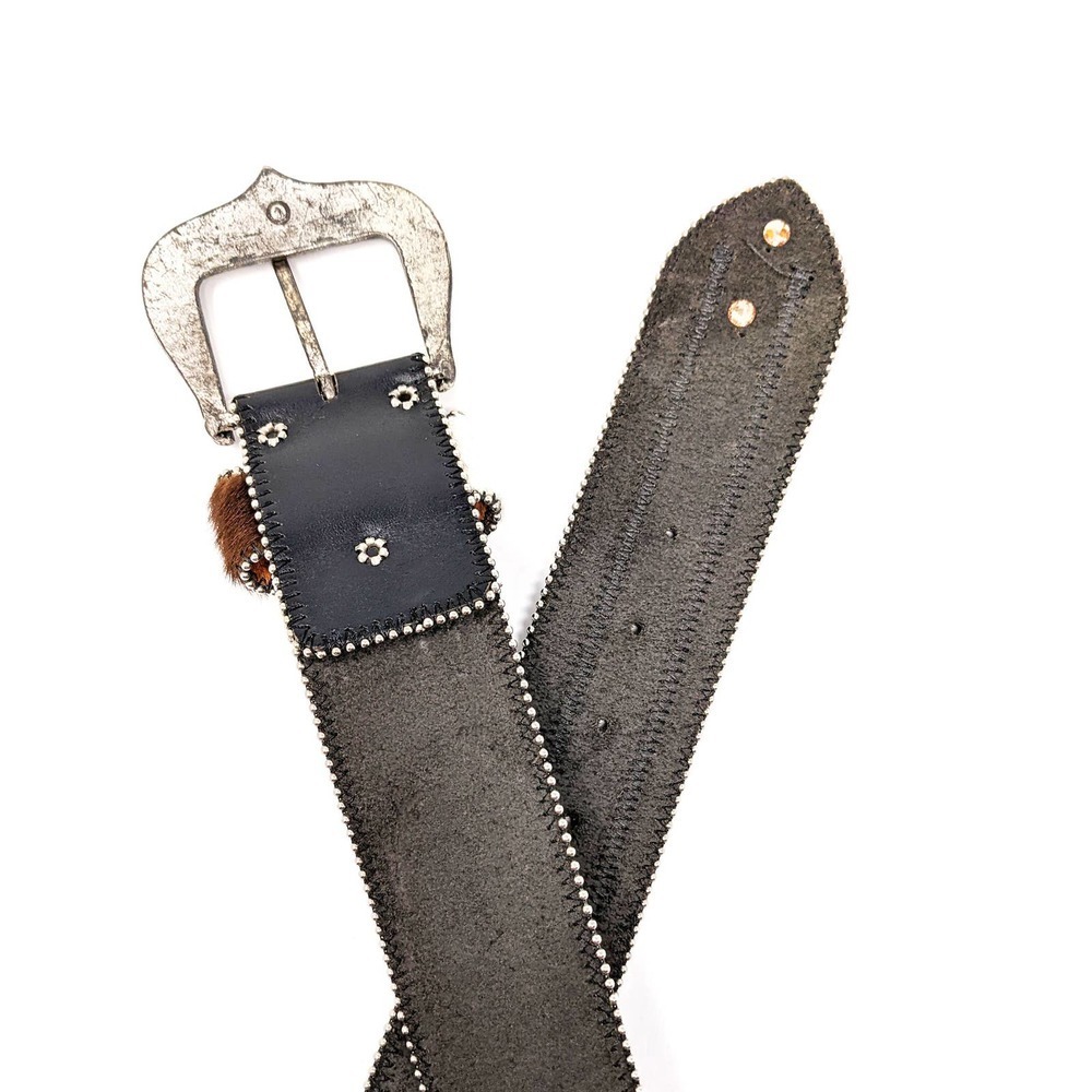 Leather Fur Rhinestone Western Belt Womens Medium Boho Black Brown White - Picture 6 of 7